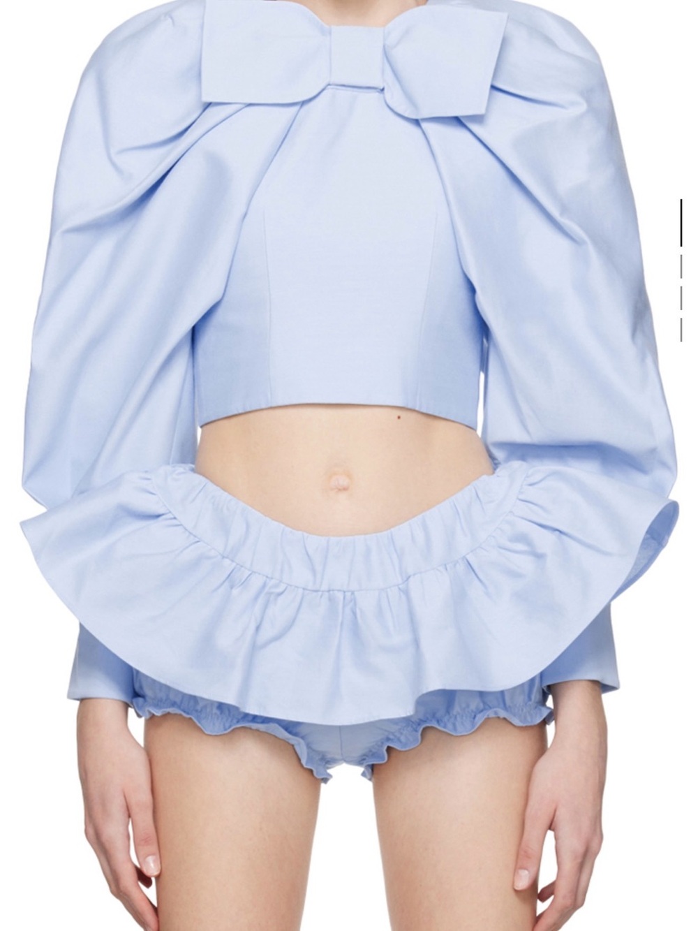 Light Blue Puff Sleeve Bow Crop Blouse